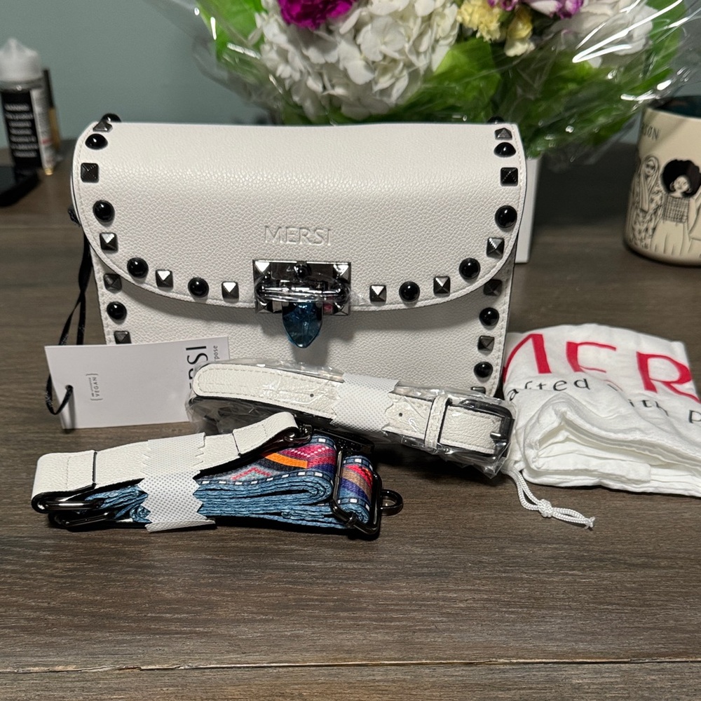 Mersi “Ruby” White Studded Crossbody Bag